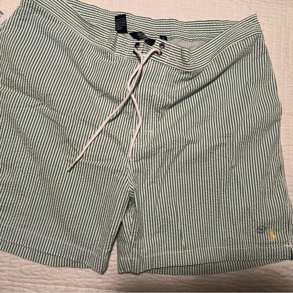 New With Tags Polo Ralph Lauren Men’s Seersucker Bathing Suit Green & White XXL